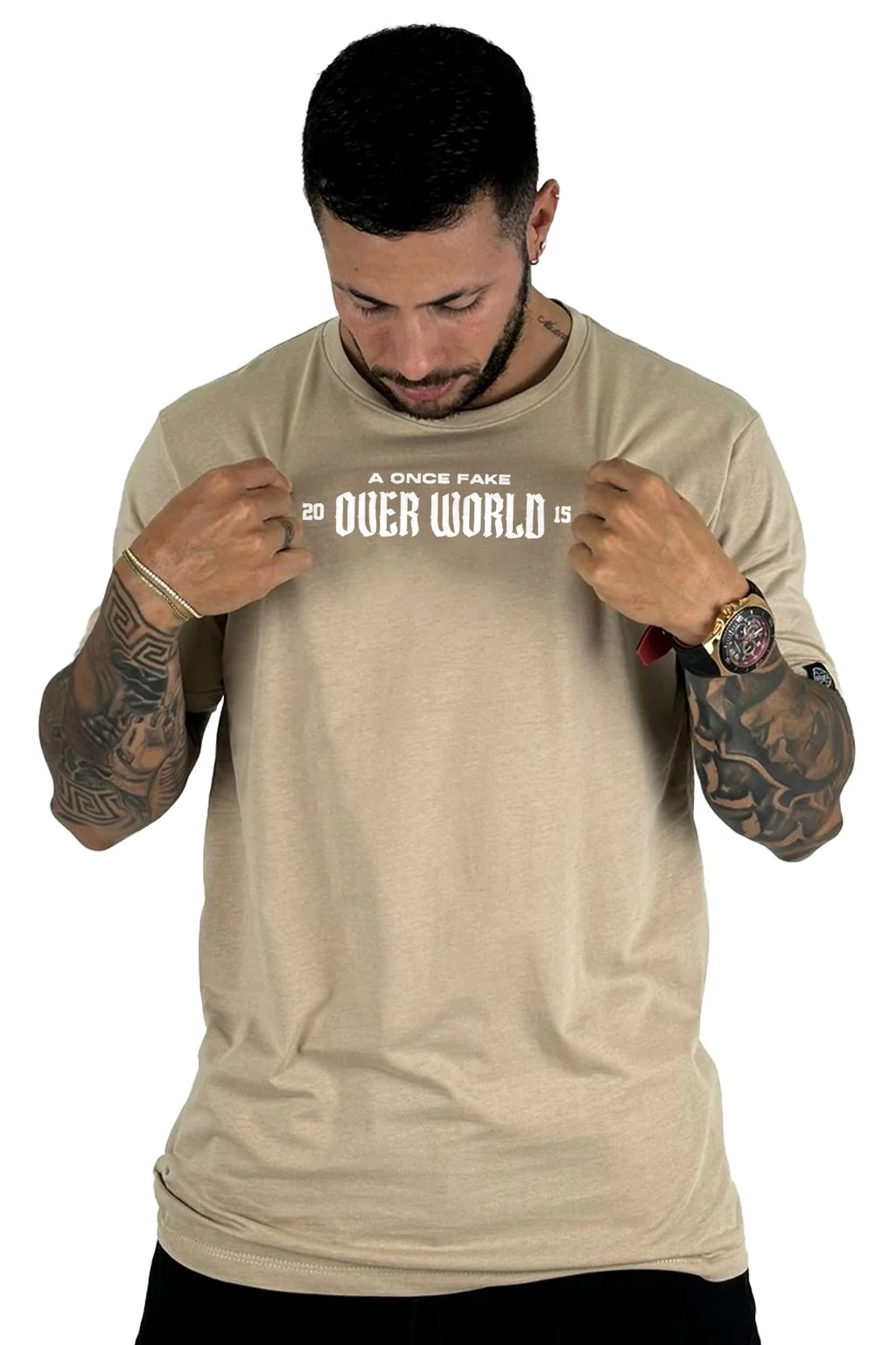 camiseta beige over world alto gramaje - Image 2
