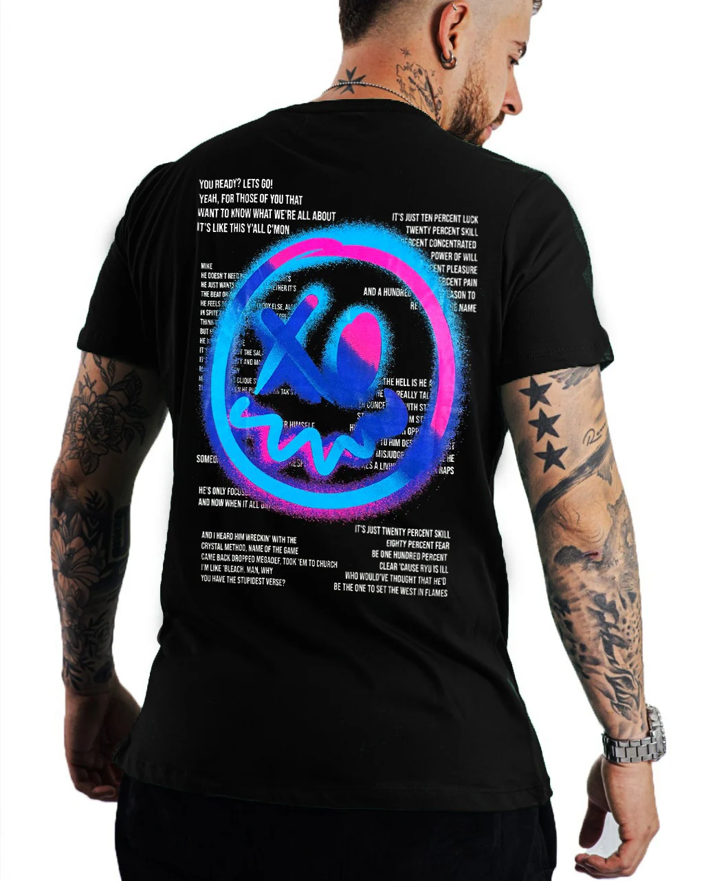 Camiseta negra carita neones