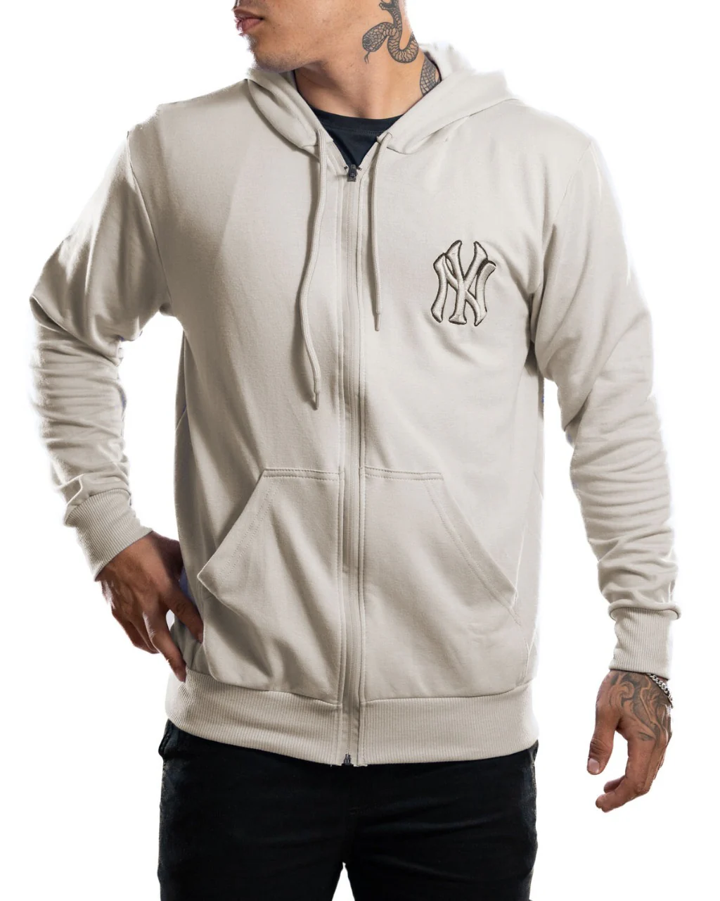 Buzo beige capucha cierre NY