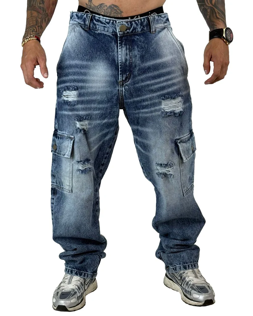 Jean cargo Azul Baggy Sky + Rotos