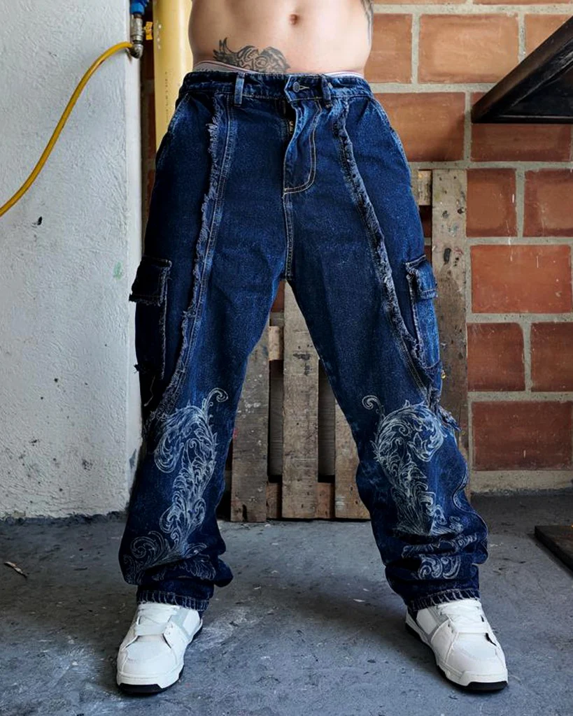 Jean baggy Azul Cargo Corte Desmechado Arabesco